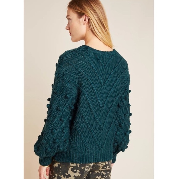 Anthropologie C/MEO Collective Pom Pom Trims Evergreen Women’s Knit Sweater L - Picture 4 of 13